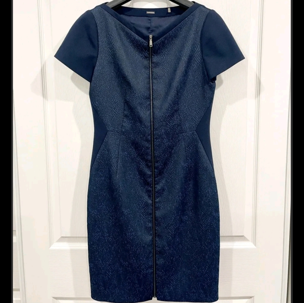 Elie Tahari Navy Blue Zip-Front Midi Dress